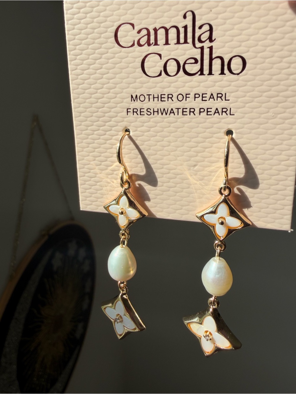 Camila Coelho Gold mother of pearl four point flower Pearl drop Earrings